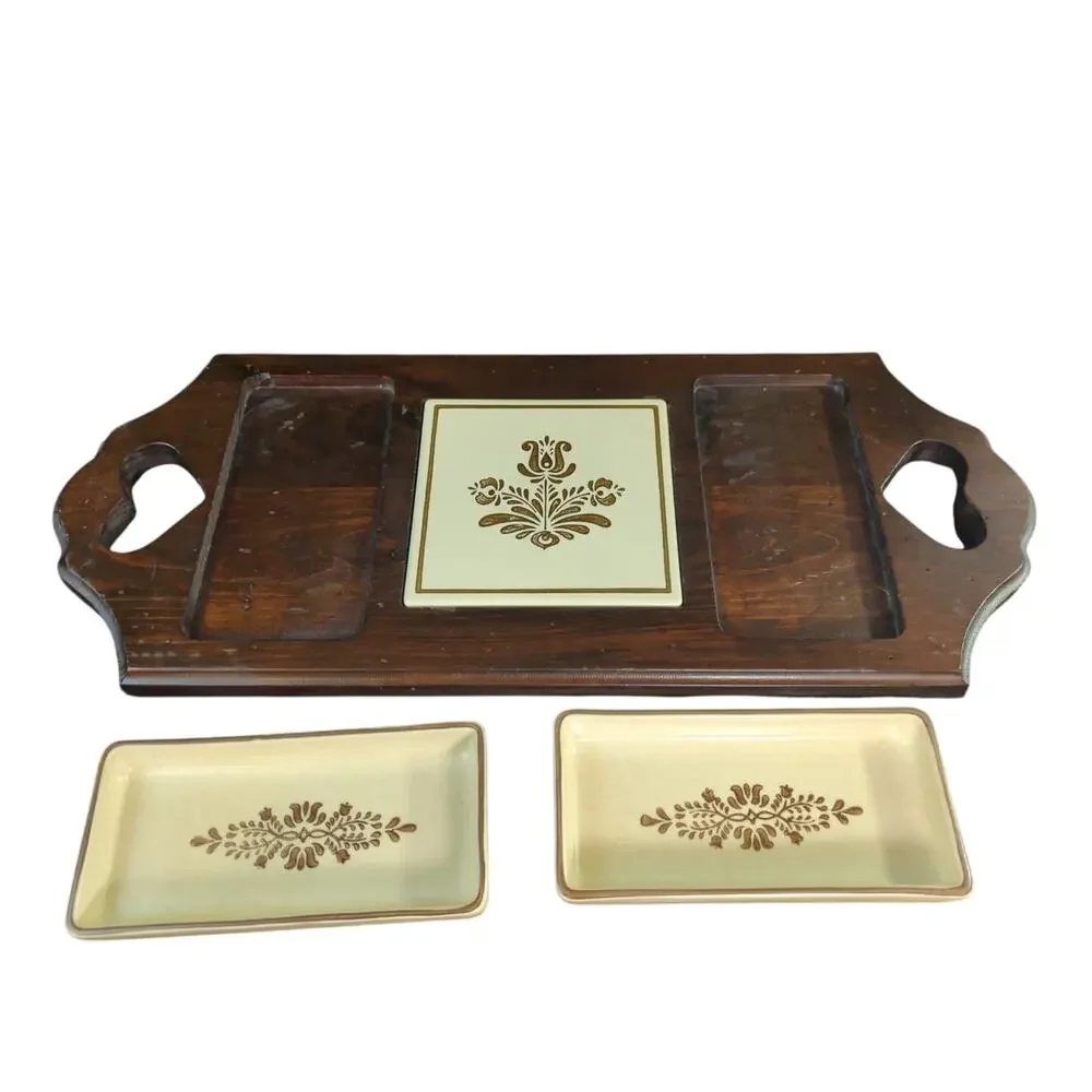 Vintage Pfaltzgraff Village Wood & Ceramic Party Server Relish Tray Cheese Board